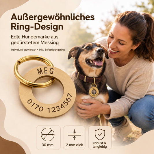 Ringvormig dogtag met gravure, geborsteld messing, 30 mm