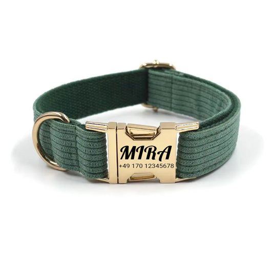Gepersonaliseerde corduroy hondenhalsband "Mira" met gravure | Verkrijgbaar in grijs, roze & groen