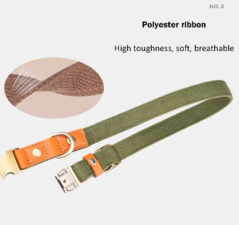 Halsband "Valdo" met gravure - robuuste PE stof & leer - mat messing - marineblauw, lichtblauw of groen (S-L)