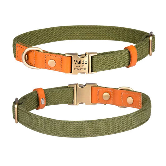 Halsband "Valdo" met gravure - robuuste PE stof & leer - mat messing - marineblauw, lichtblauw of groen (S-L)