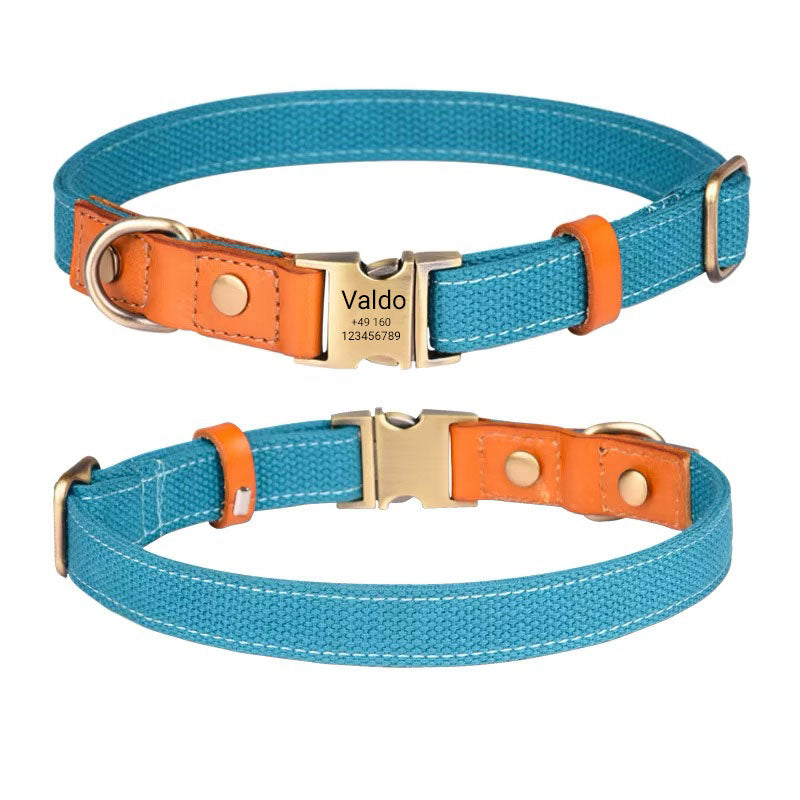 Halsband "Valdo" met gravure - robuuste PE stof & leer - mat messing - marineblauw, lichtblauw of groen (S-L)
