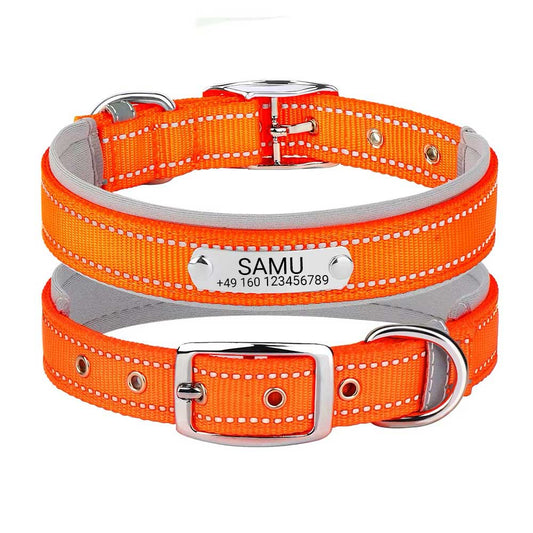 Gegraveerde hondenhalsband "Samu" met reflecterende veiligheidsstiksels. Personalisatie met naam en telefoonnummer