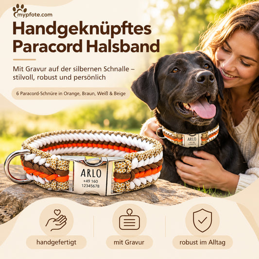 Arlo - Handgemaakte paracord hondenhalsband met gravure | Oranje-Bruin-Wit-Beige