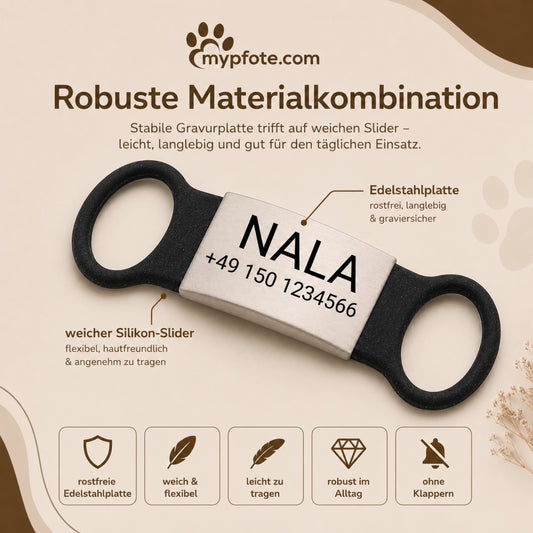 Rammelvrije dog tag siliconen schuifstuk met roestvrij stalen label voor halsbanden incl. GRATIS gravure
