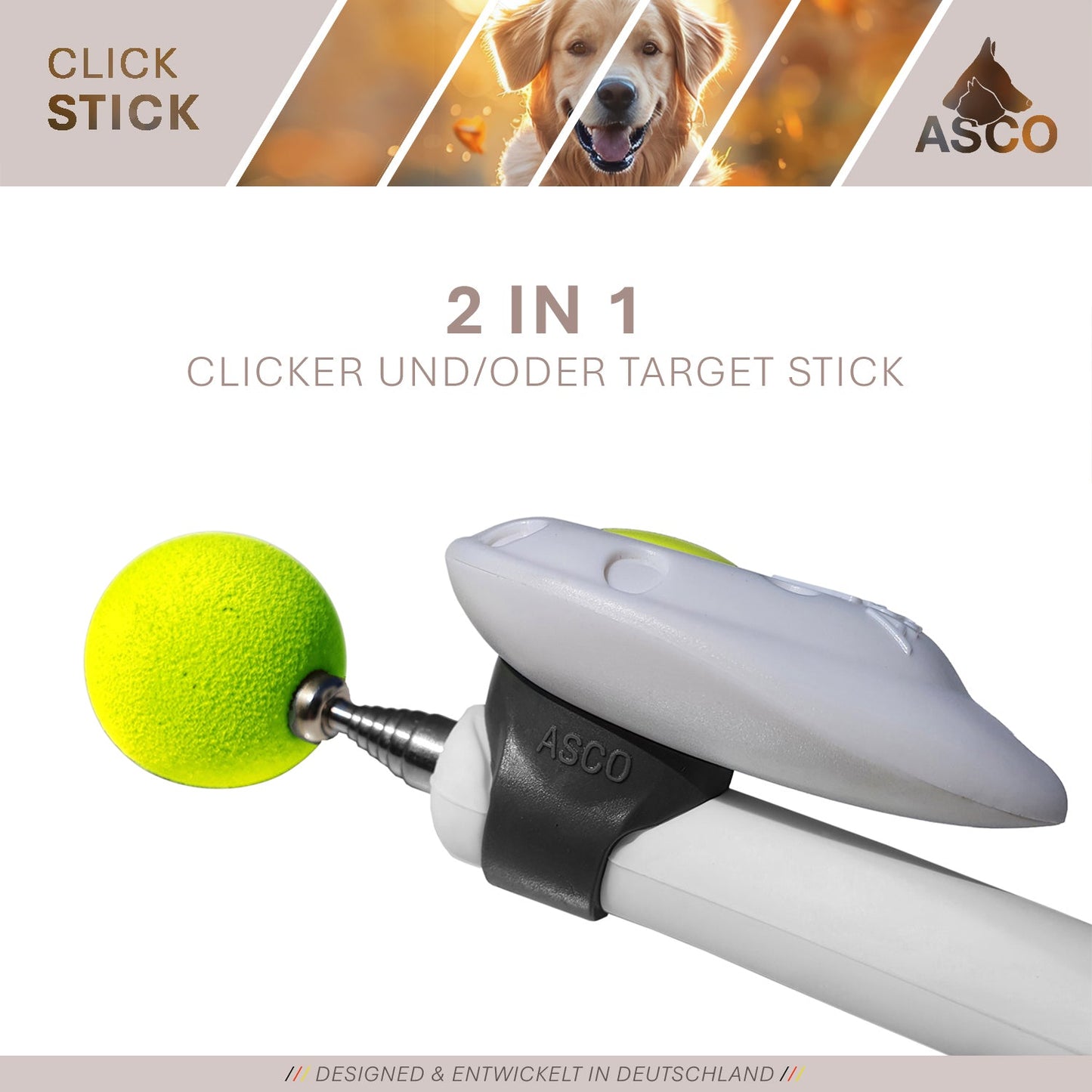 ASCO ClickStick - Richtstok met afneembare premium clicker - Richtstok voor hond kat clickertraining - Verlengbare richtstok met extra clicker - Richtstok voor richttraining
