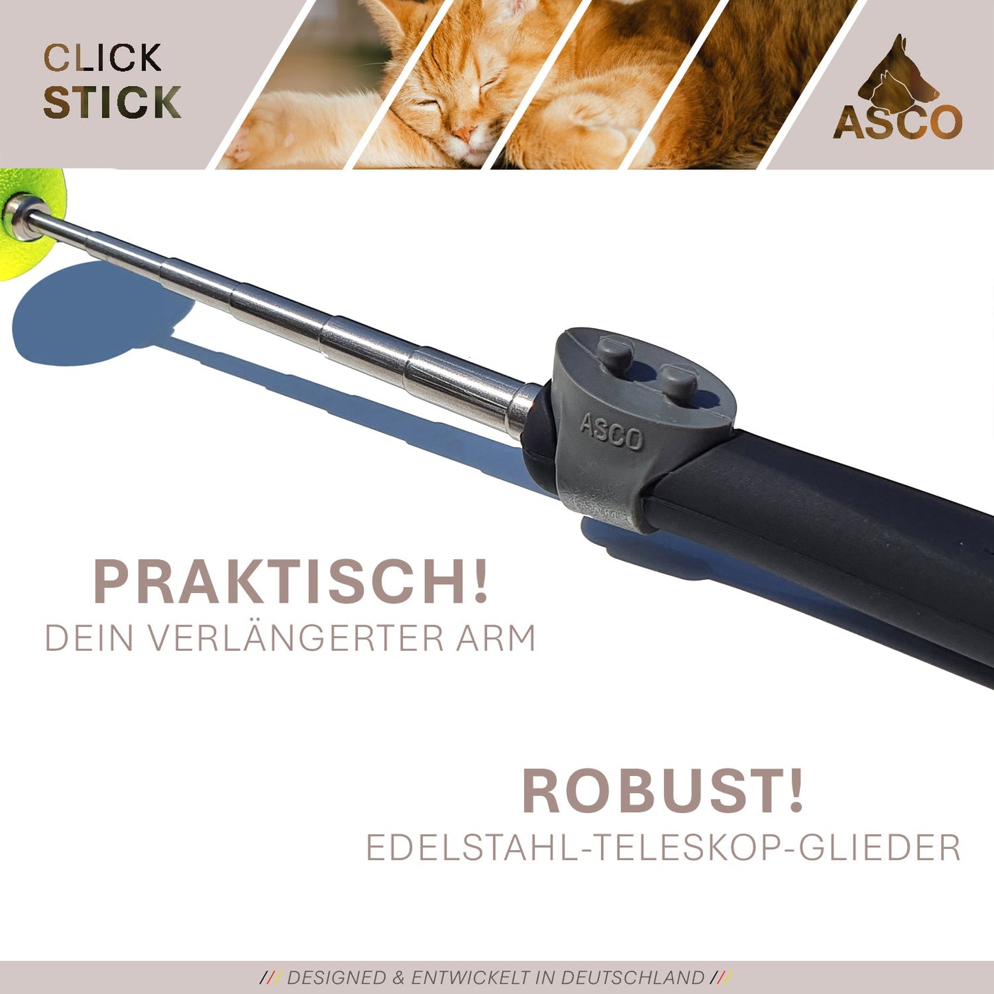 ASCO ClickStick - Richtstok met afneembare premium clicker - Richtstok voor hond kat clickertraining - Verlengbare richtstok met extra clicker - Richtstok voor richttraining