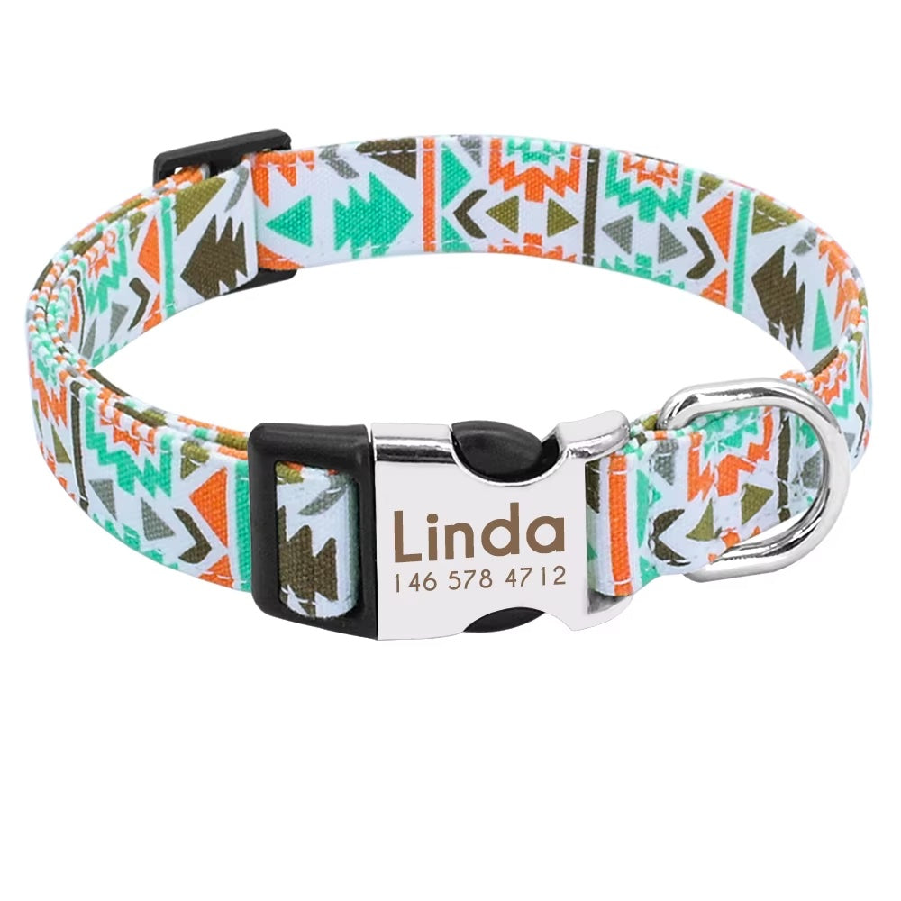 Hondenhalsband "Gipsy" gegraveerd met naam en telefoon, nylon deco stijl