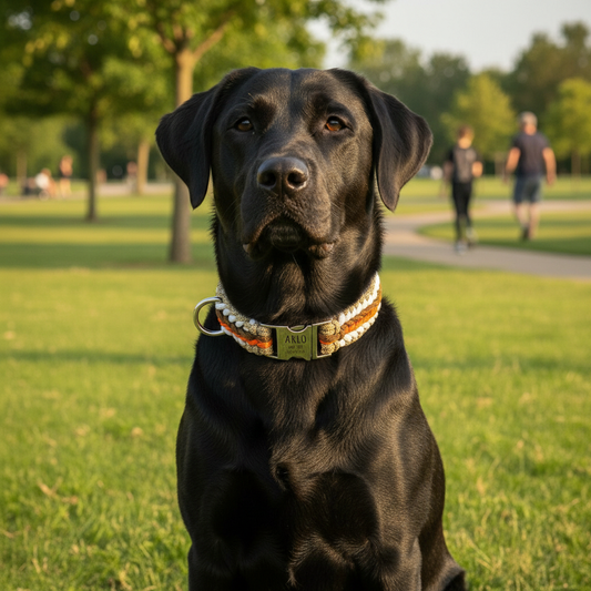 Arlo - Handgemaakte paracord hondenhalsband met gravure | Oranje-Bruin-Wit-Beige