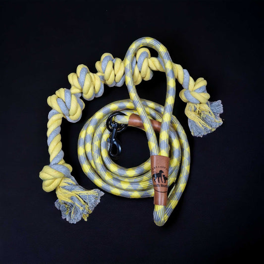 Hondenriem grijs geel met gratis touw en poepzakjeshouder