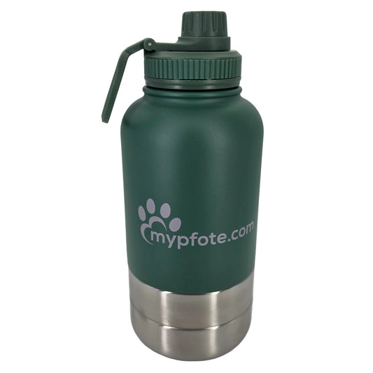 Hunde Trinkflasche 950 ml für unterwegs mit Behälter für Futter, Farbe Moosgrün