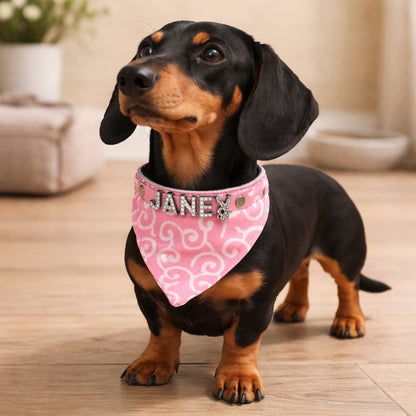 Hondenbandana met naam en hondenhalsband van echt leer. Versierd met glitterende strass-letters