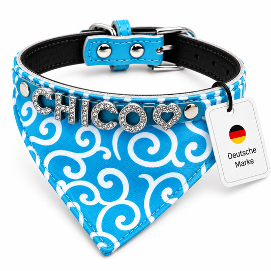 Hondenbandana met naam en hondenhalsband van echt leer. Versierd met glitterende strass-letters
