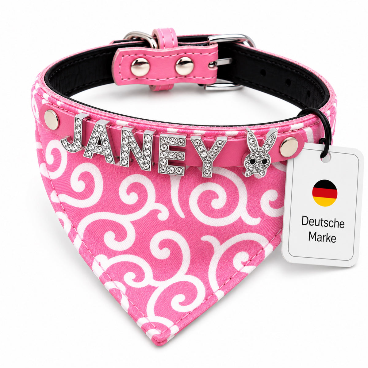 Hondenbandana met naam en hondenhalsband van echt leer. Versierd met glitterende strass-letters