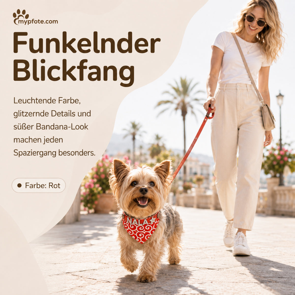 Hondenbandana met naam en hondenhalsband van echt leer. Versierd met glitterende strass-letters