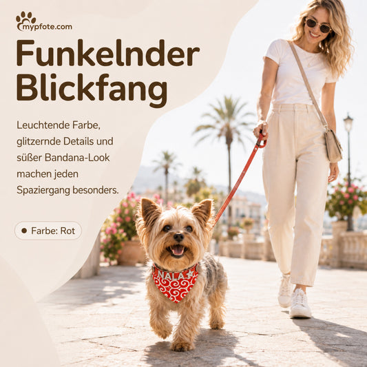Hondenbandana met naam en hondenhalsband van echt leer. Versierd met glitterende strass-letters