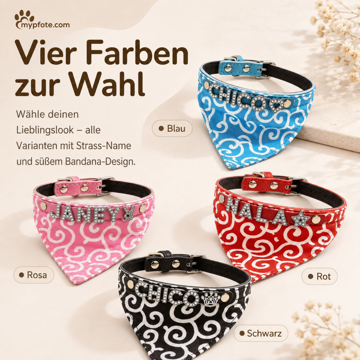 Hondenbandana met naam en hondenhalsband van echt leer. Versierd met glitterende strass-letters