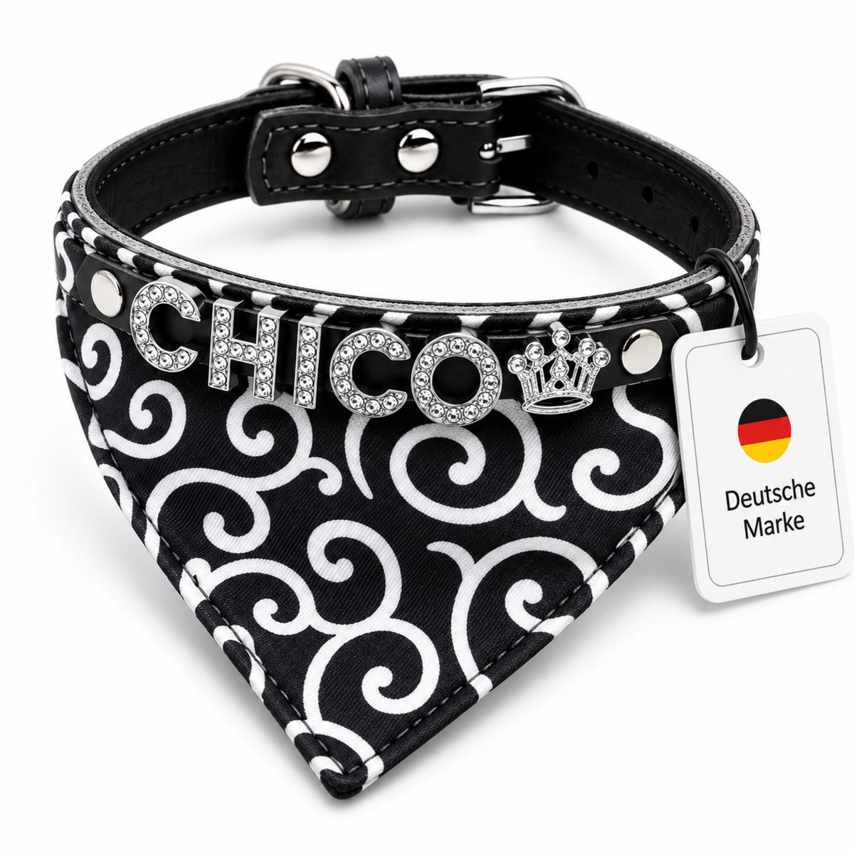 Hondenbandana met naam en hondenhalsband van echt leer. Versierd met glitterende strass-letters