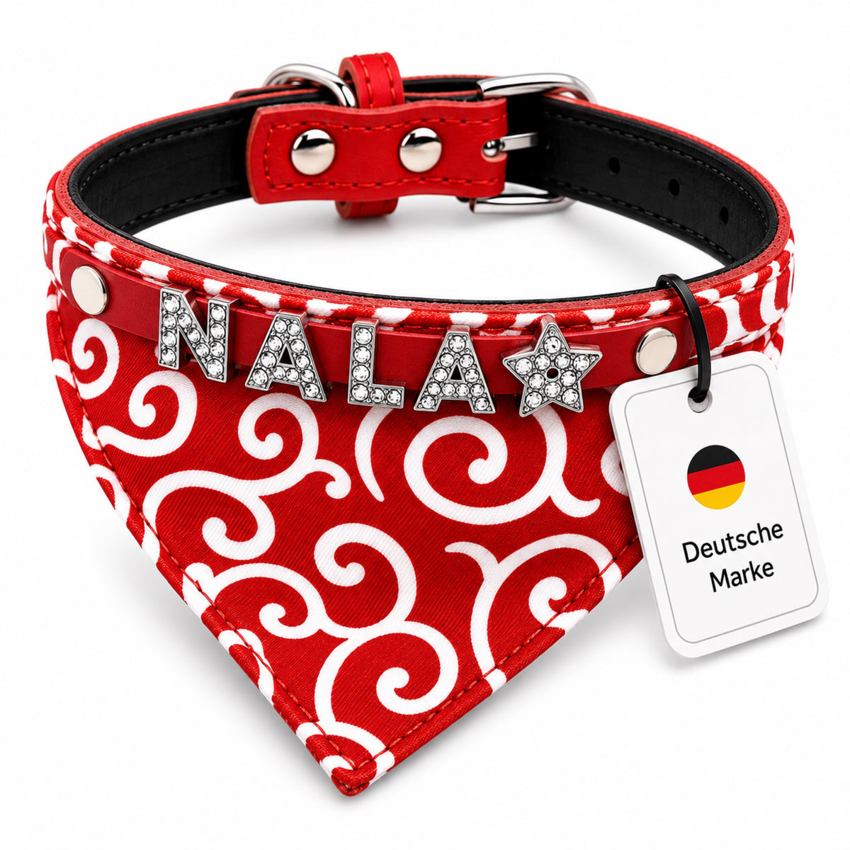 Hondenbandana met naam en hondenhalsband van echt leer. Versierd met glitterende strass-letters