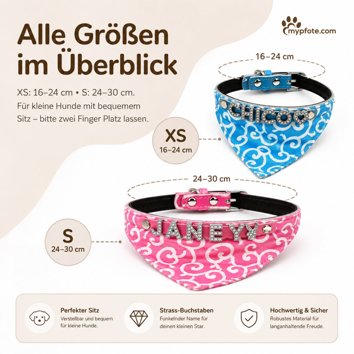 Hondenbandana met naam en hondenhalsband van echt leer. Versierd met glitterende strass-letters
