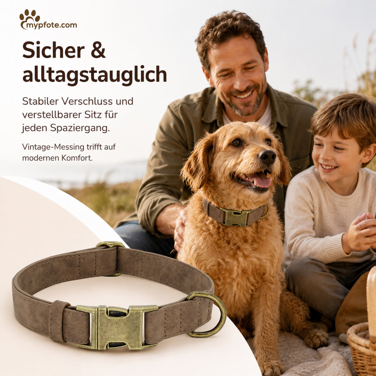 Elegante hondenhalsband in vintage-look met messing gesp en gratis gravure van naam en telefoonnummer
