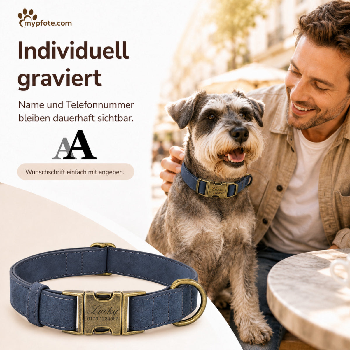 Elegante hondenhalsband in vintage-look met messing gesp en gratis gravure van naam en telefoonnummer