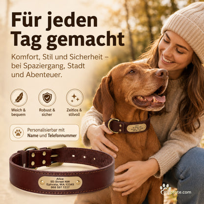 Elegante halsband van koeienhuid met gegraveerde naam en telefoonnummer