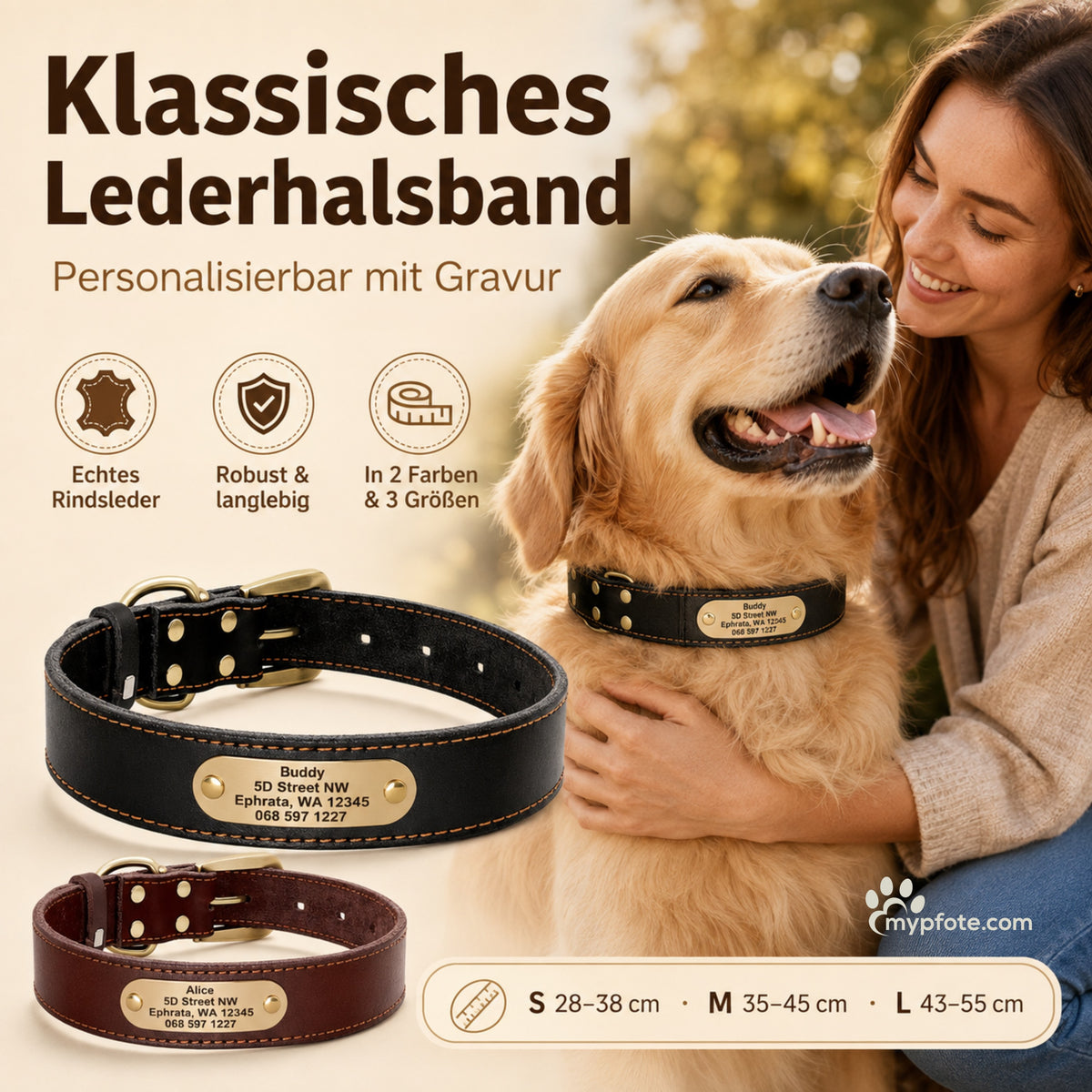 Elegante halsband van koeienhuid met gegraveerde naam en telefoonnummer