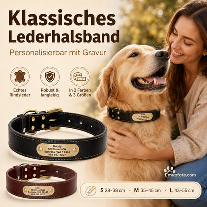 Elegante halsband van koeienhuid met gegraveerde naam en telefoonnummer