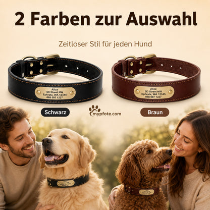 Elegante halsband van koeienhuid met gegraveerde naam en telefoonnummer