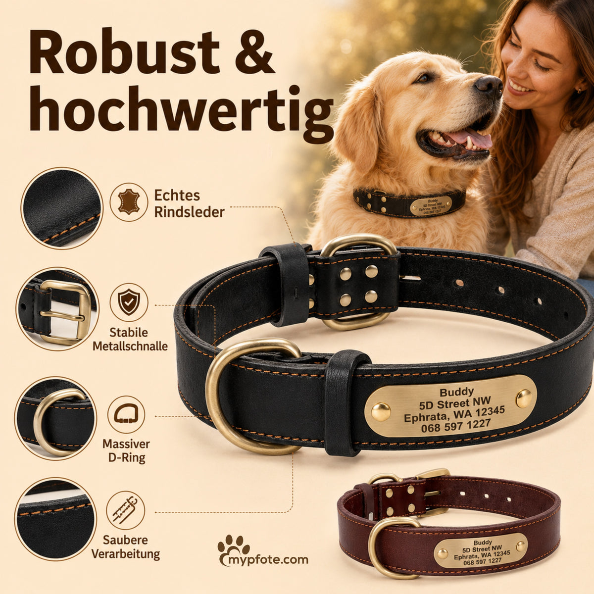 Elegante halsband van koeienhuid met gegraveerde naam en telefoonnummer