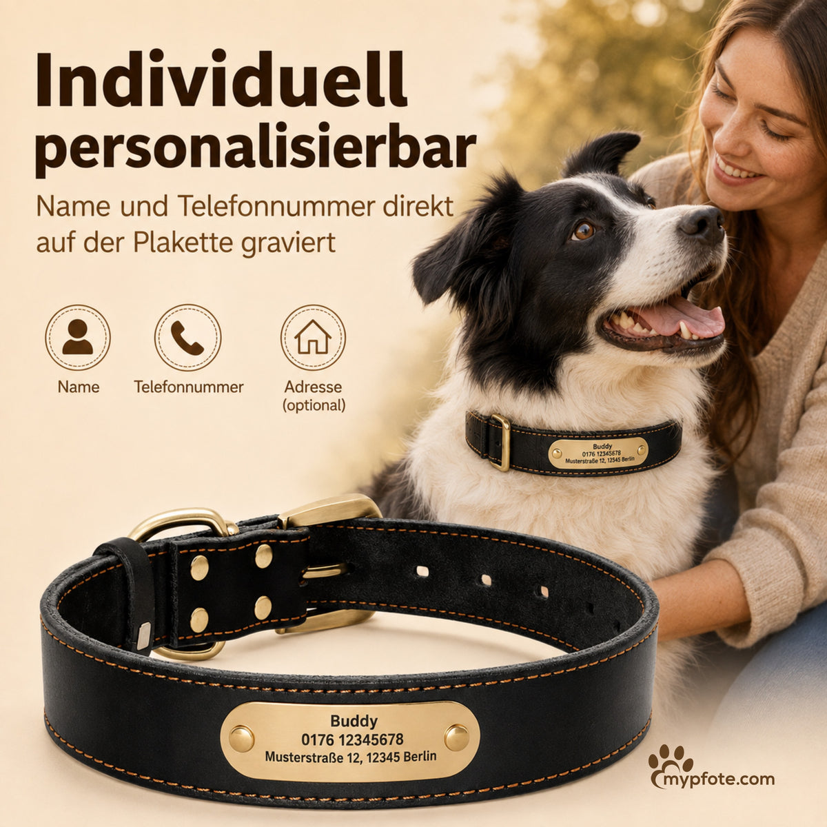 Elegante halsband van koeienhuid met gegraveerde naam en telefoonnummer