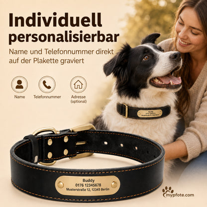 Elegante halsband van koeienhuid met gegraveerde naam en telefoonnummer