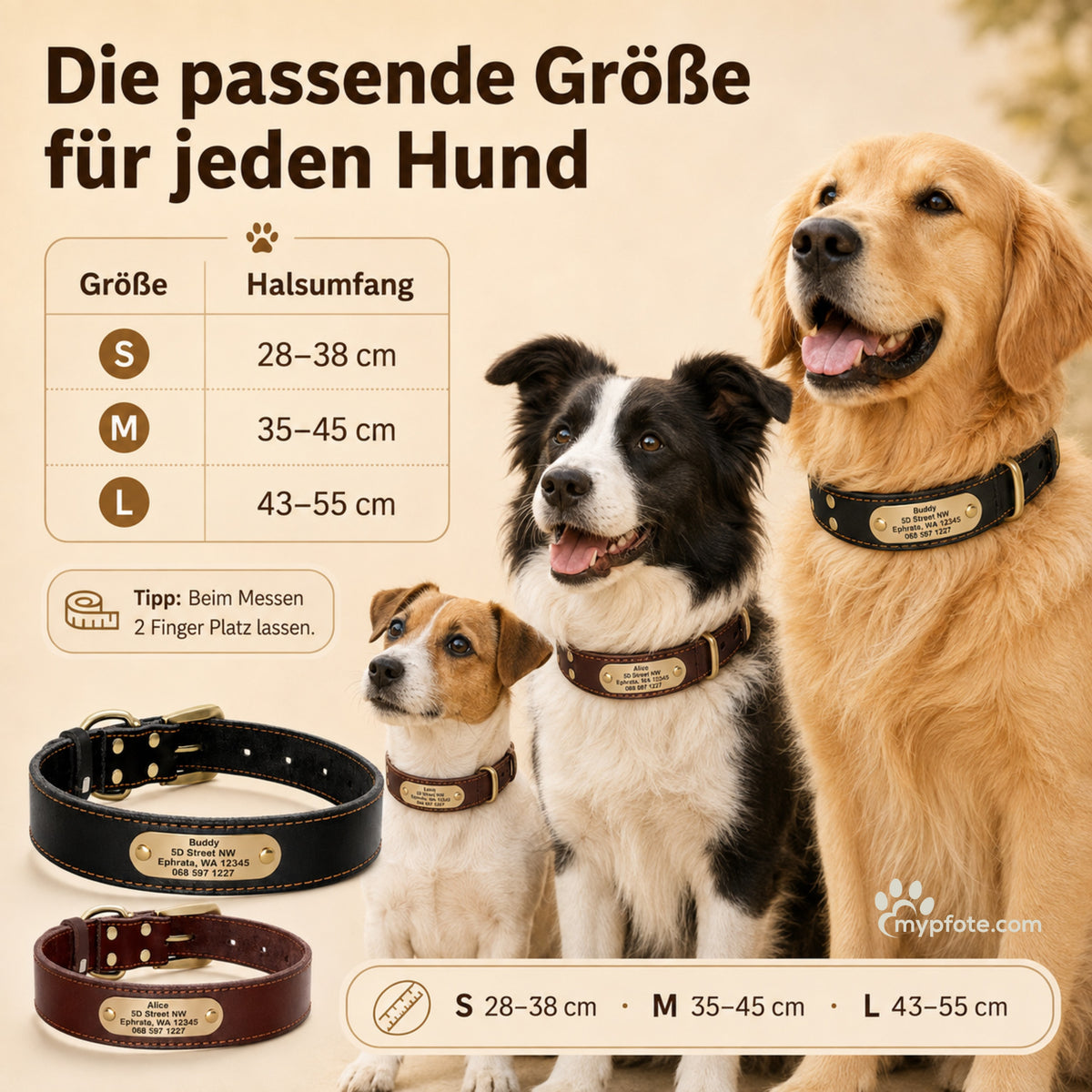 Elegante halsband van koeienhuid met gegraveerde naam en telefoonnummer
