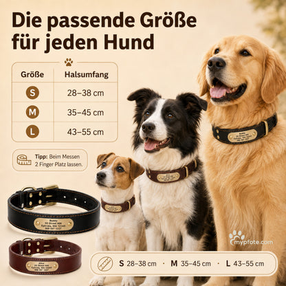Elegante halsband van koeienhuid met gegraveerde naam en telefoonnummer