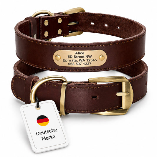 Elegante halsband van koeienhuid met gegraveerde naam en telefoonnummer