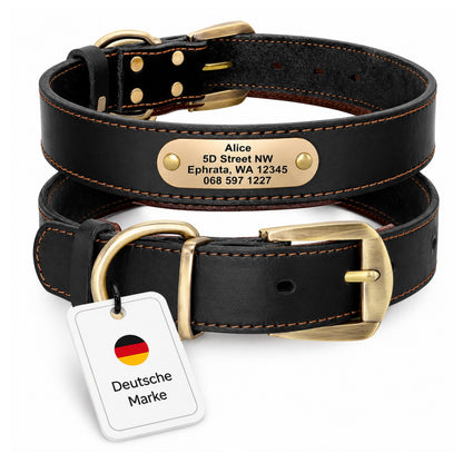 Elegante halsband van koeienhuid met gegraveerde naam en telefoonnummer