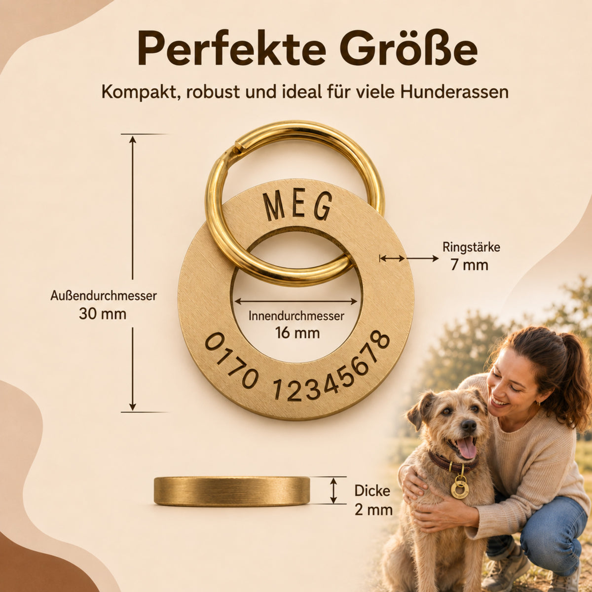Ringvormig dogtag met gravure, geborsteld messing, 30 mm