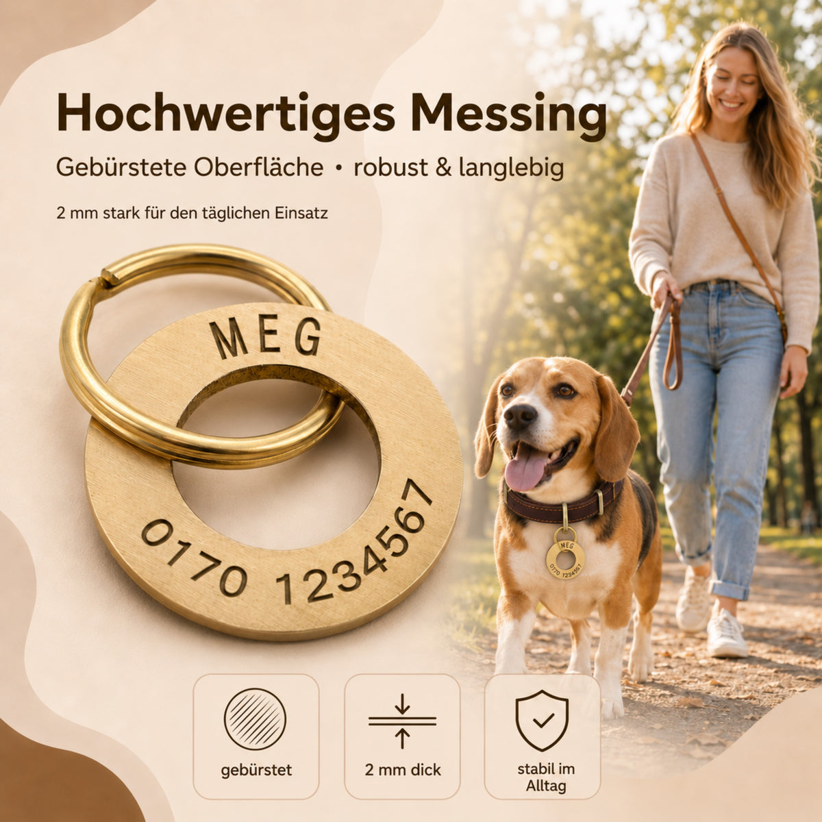 Ringvormig dogtag met gravure, geborsteld messing, 30 mm