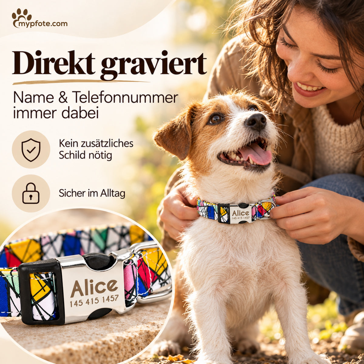 Hondenhalsband "Miro" gegraveerd met naam en telefoon, nylon, Art Style