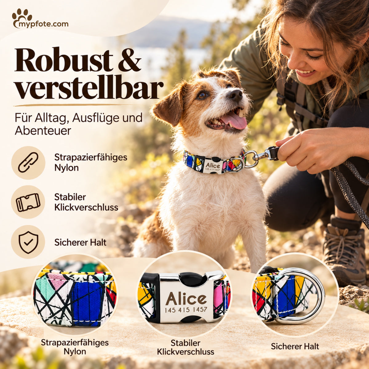 Hondenhalsband "Miro" gegraveerd met naam en telefoon, nylon, Art Style