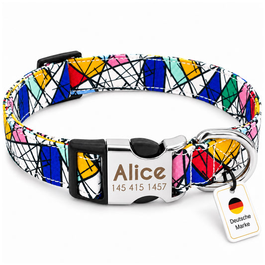 Hondenhalsband "Miro" gegraveerd met naam en telefoon, nylon, Art Style