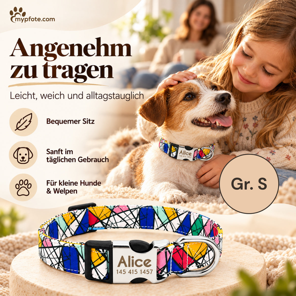 Hondenhalsband "Miro" gegraveerd met naam en telefoon, nylon, Art Style
