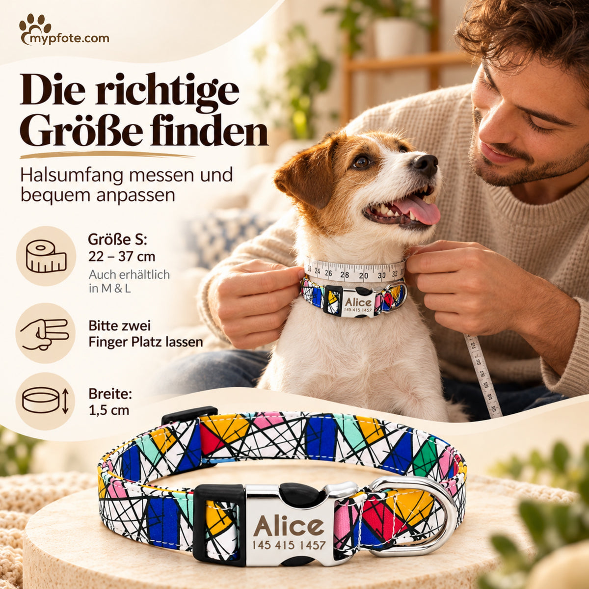Hondenhalsband "Miro" gegraveerd met naam en telefoon, nylon, Art Style