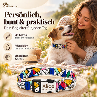 Hondenhalsband "Miro" gegraveerd met naam en telefoon, nylon, Art Style