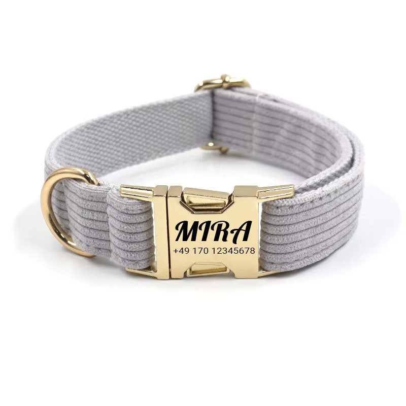 Gepersonaliseerde corduroy hondenhalsband "Mira" met gravure | Verkrijgbaar in grijs, roze & groen 