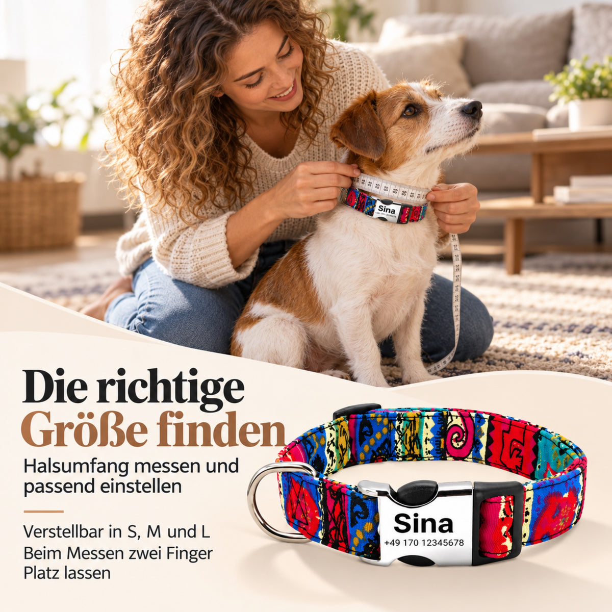 Hondenhalsband "Sina" - Gepersonaliseerd met naam & nummer | Verstelbaar, kleurrijk & robuust