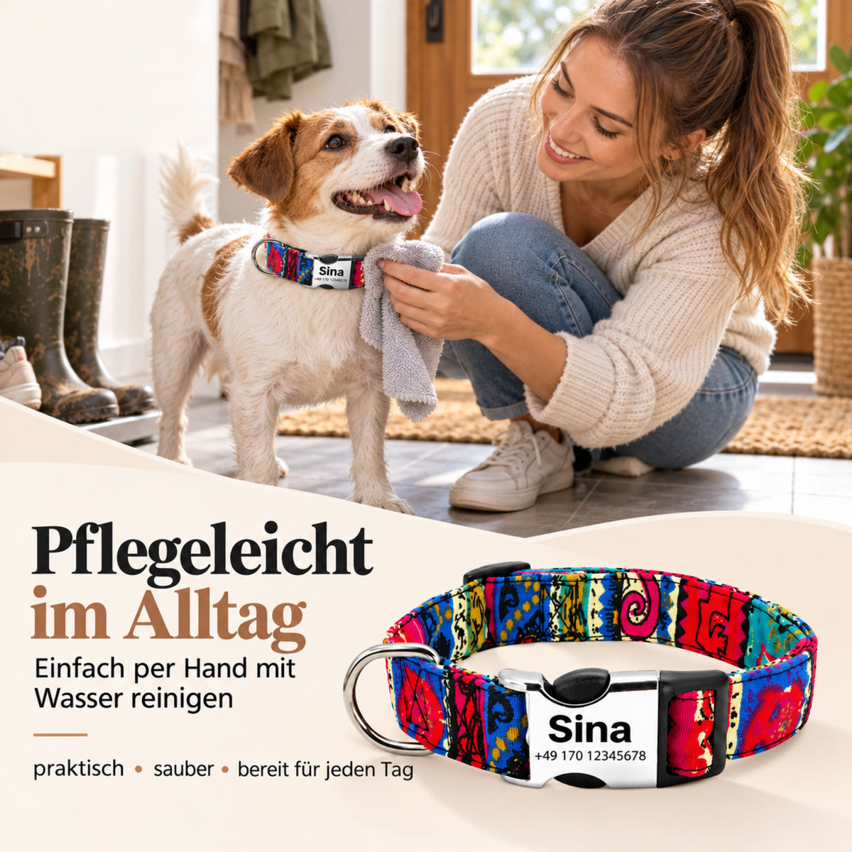 Hondenhalsband "Sina" - Gepersonaliseerd met naam & nummer | Verstelbaar, kleurrijk & robuust