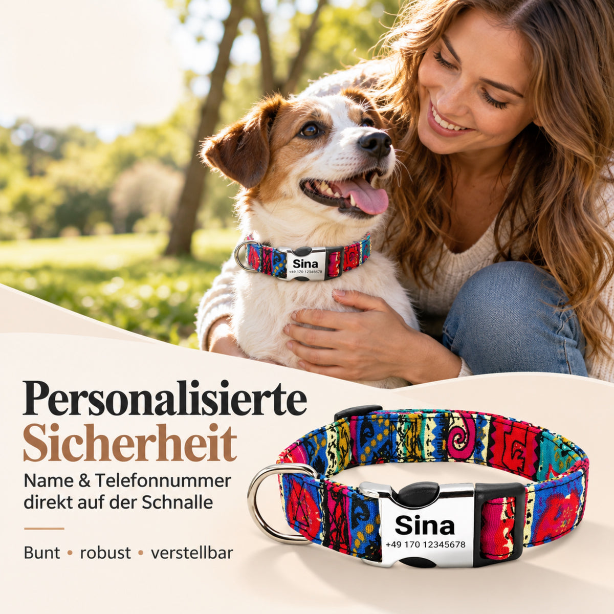 Hondenhalsband "Sina" - Gepersonaliseerd met naam & nummer | Verstelbaar, kleurrijk & robuust