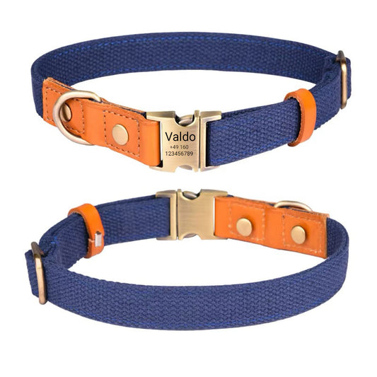 Halsband "Valdo" met gravure - robuuste PE stof & leer - mat messing - marineblauw, lichtblauw of groen (S-L)