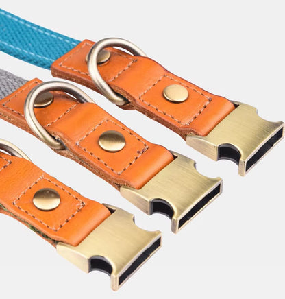 Halsband "Valdo" met gravure - robuuste PE stof & leer - mat messing - marineblauw, lichtblauw of groen (S-L)